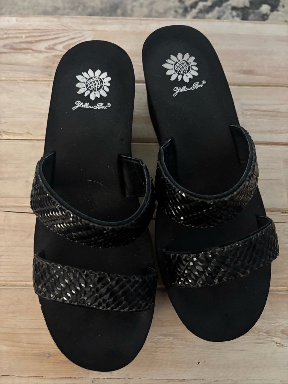 Yellow Box Black Woven Double-Strap Slide Sandals